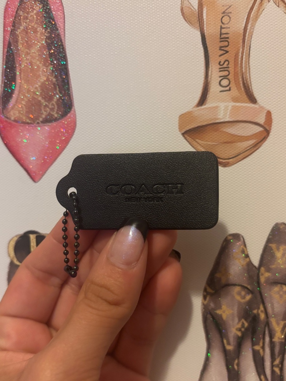 Coach Black Leather Hangtag with Ball Chain